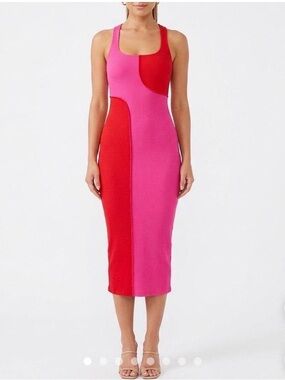 naked wardrobe Pink and Red Colorblock Midi Knit Dress